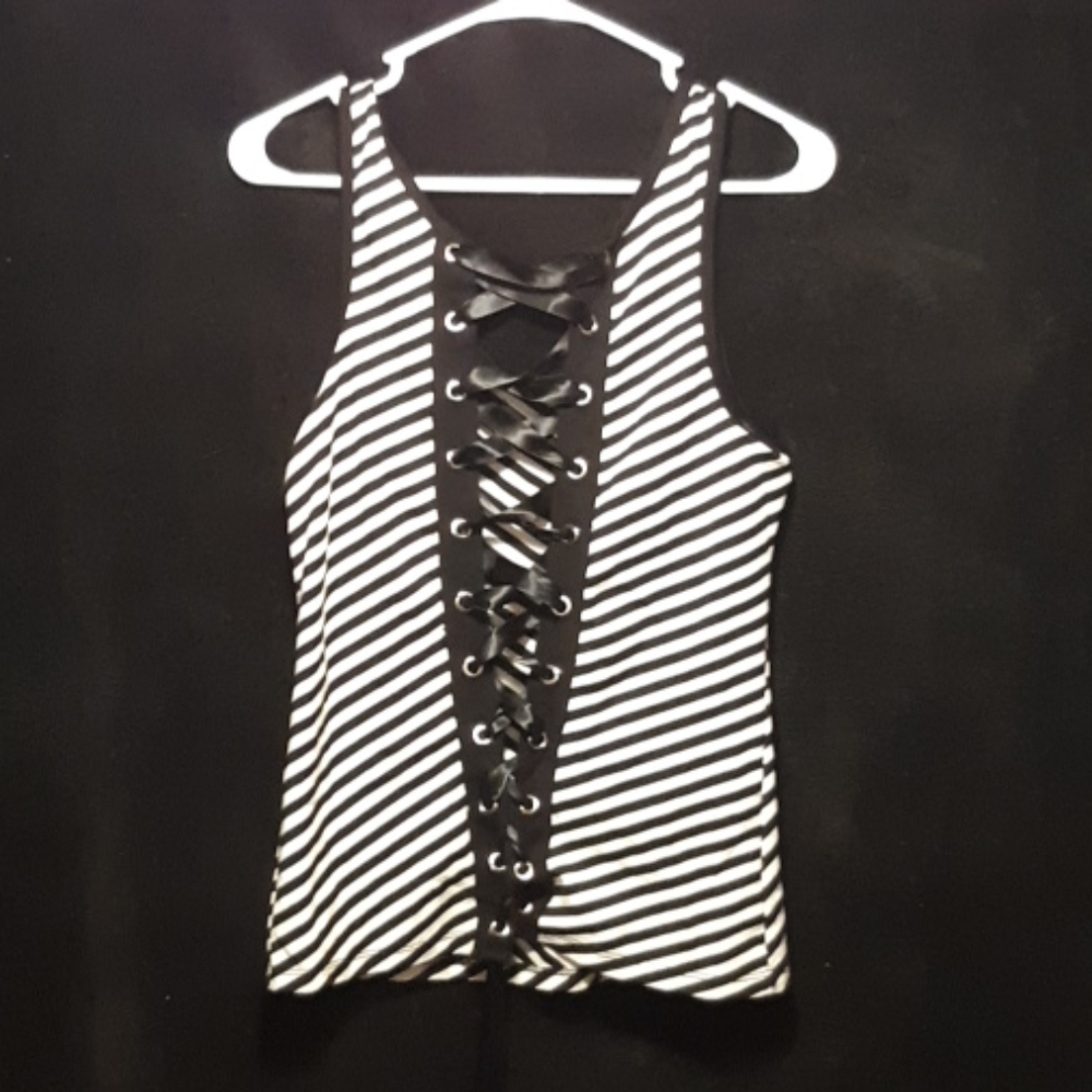 Lace-up back black and white striped tank